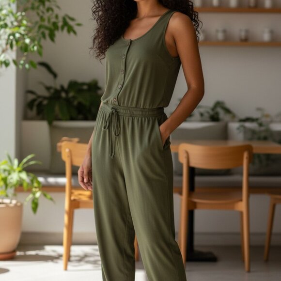 (E-193)For Justify Women’s Olive Green Jumpsuit XL Sleeveless Button Front Draws - Picture 1 of 7